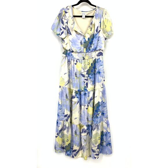 Nicole Miller Maxi Dress Womens Size XL Cream Blue Yellow Floral Print V-Neck - Picture 1 of 7